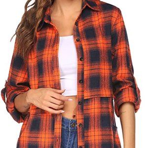 HOTOUCH Women's Orange Plaid Flannel oversized shirt/dress